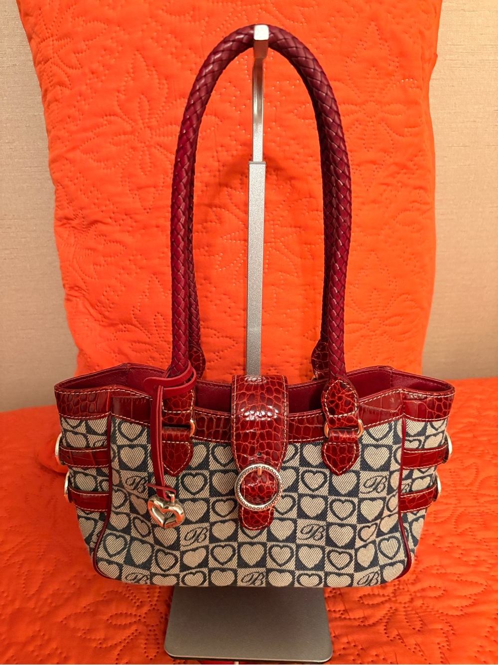 Brighton Navy/White Heart-Print Canvas Small Tote w/ Red Leather Trim.